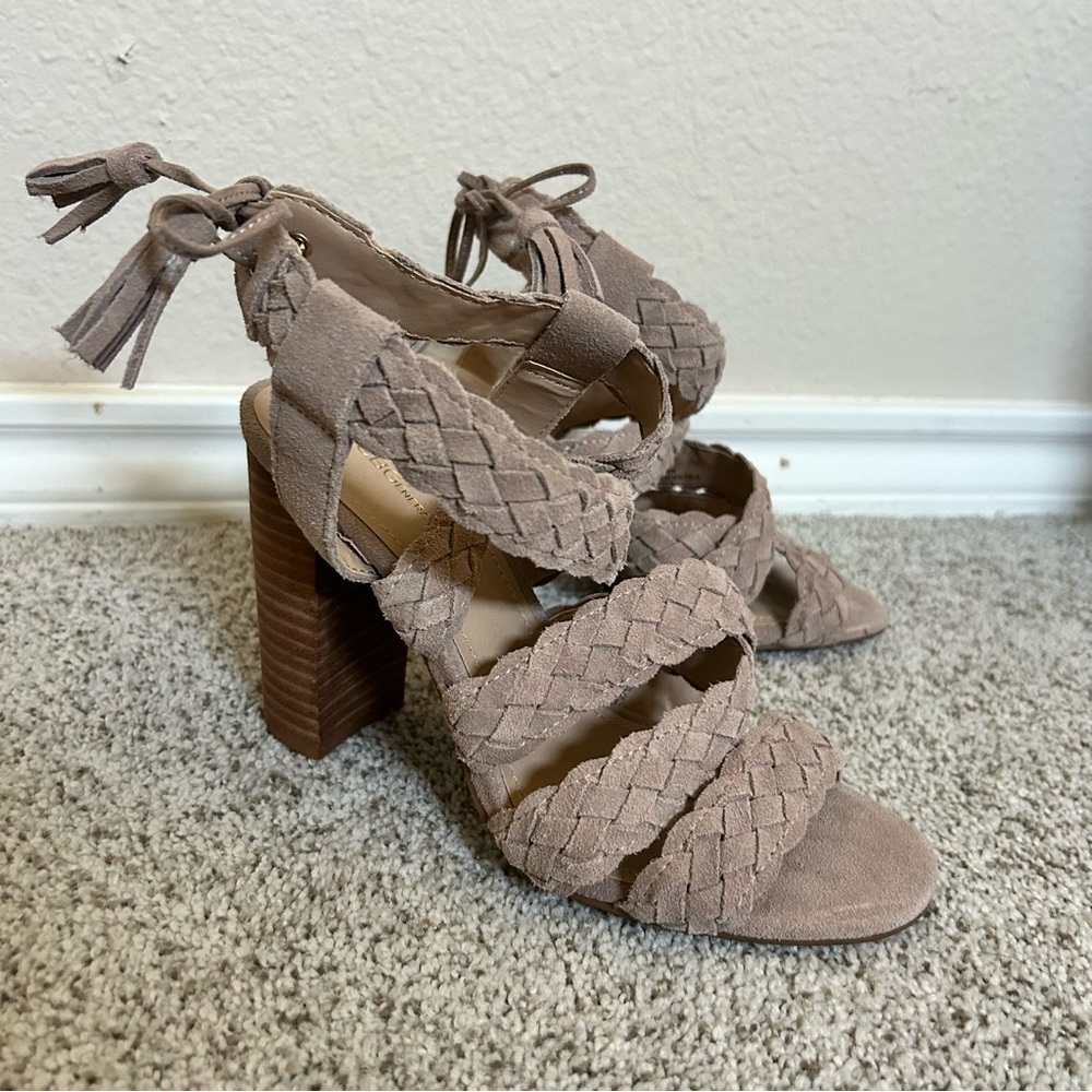 BCBGeneration Pink Suede Braided Leather 4 Inch Tassel Tie Sandal Size 6